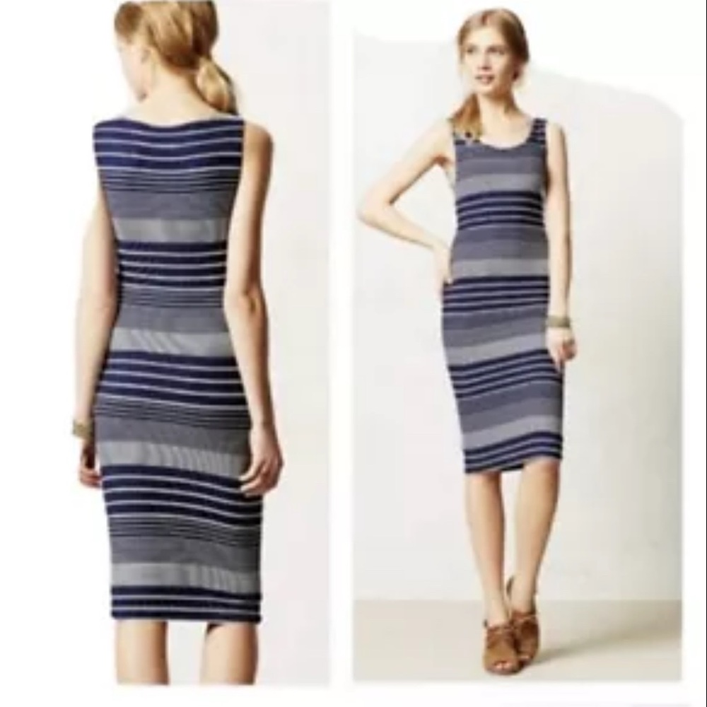 Anthropologie  Maeve midi Column Dress Size Medium Navy Blue White Striped